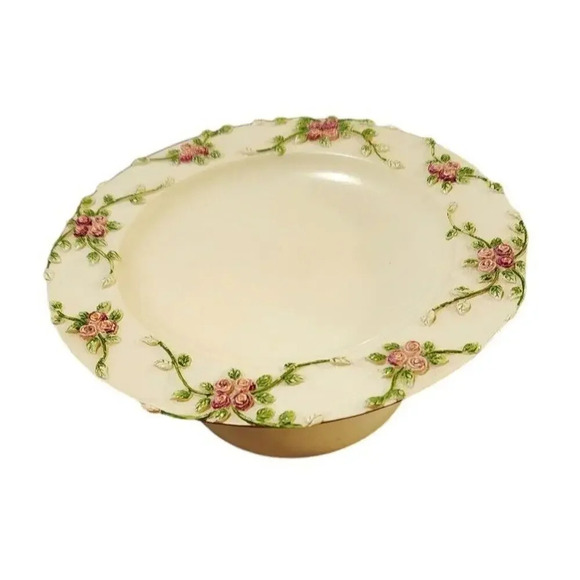 Crown Heritage England Ceramic Soap Holder White & Pink Rose Emboss Brass Dish - Picture 2 of 5